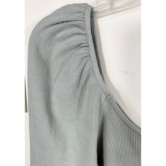 Y2K ZARA Pleated Puff Sleeve Ribbed Crop Top Womens M Sage Milkmaid Dainty Fairy - Picture 6 of 9